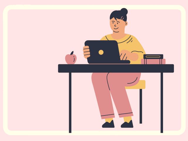 Cartoon woman sat at a desk with a laptop