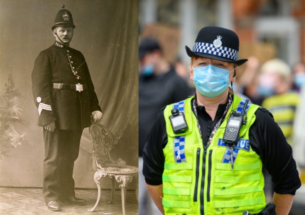Left - Victorian police officer. Right - modern police officer wearing a surgical facemask